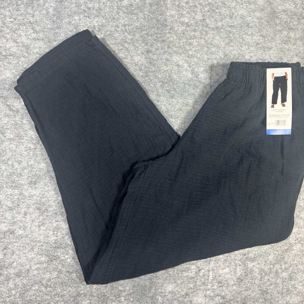 Coldwater Creek Womens Black Cotton Gauze Pull On Wide Leg Pants Large NWT